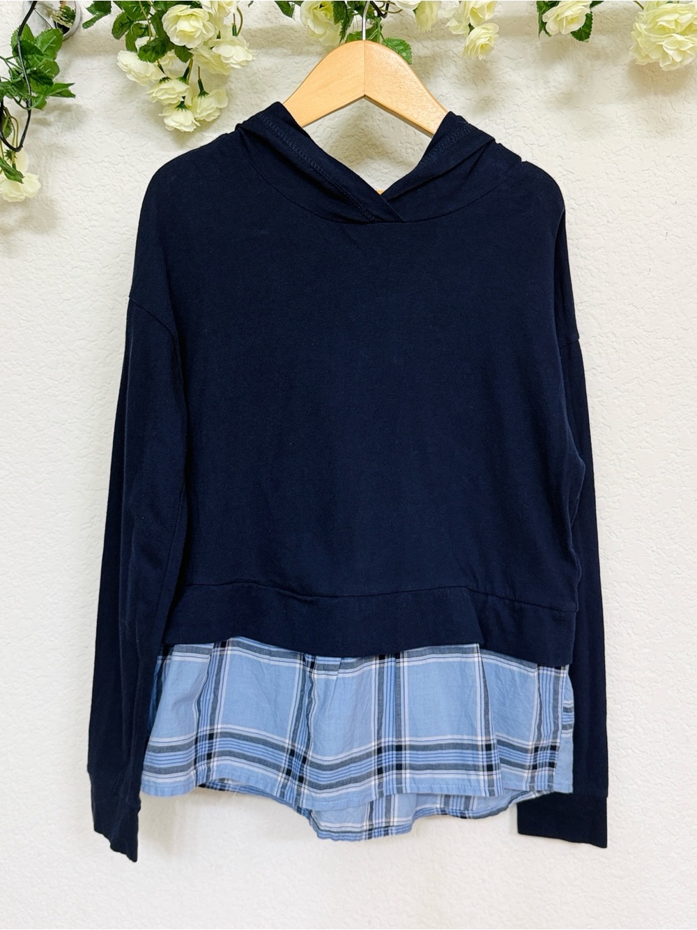 GAP • Navy Plaid Academia Mock Layered Two in One Pullover Hooded Sweater